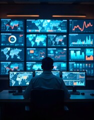 High-Tech Control Room with Data Visualizations on Screens