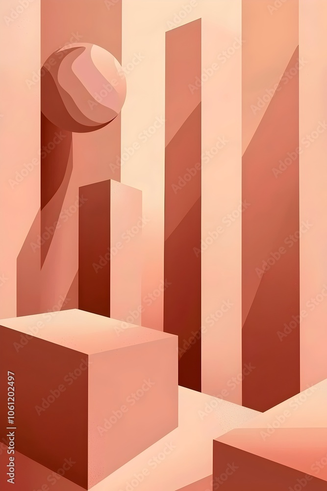 Poster An abstract composition featuring geometric shapes in warm peach tones, with a smooth sphere seemingly floating above a series of tall blocks. The scene radiates minimalistic elegance.