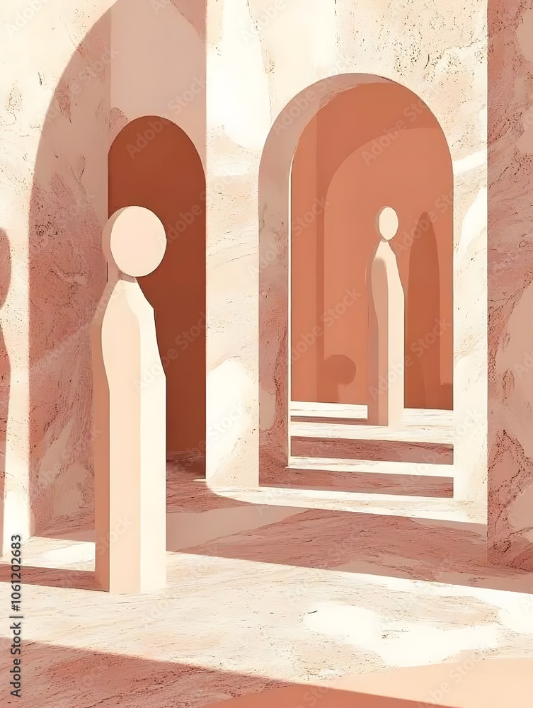 Poster a minimalist art piece featuring abstract figures in a serene, peach-toned setting. the soft curves 