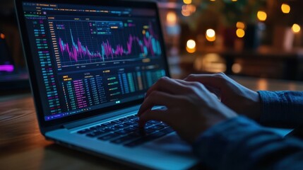 Analyzing Stock Market Data on Laptop at Night