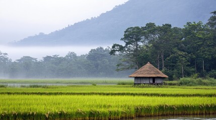 Obraz premium Serene Rice Field with Traditional Hut in Misty Landscape