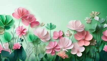 Delicate paper flowers in shades of pink and green create a beautiful and whimsical floral arrangement.