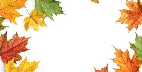 Fototapeta premium Colorful autumn leaves arranged around a blank space for text or design.