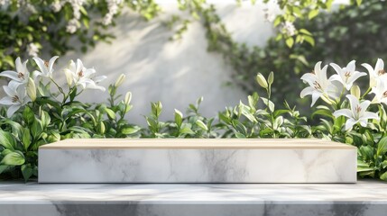 A serene display area surrounded by white lilies and greenery, ideal for presentations or showcases.