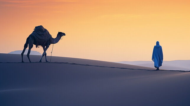 Middle Eastern man and camel walking on sand dunes in the desert - Powered by Adobe