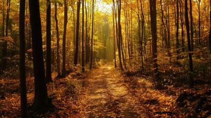 Fototapeta premium A serene autumn forest path illuminated by golden sunlight.