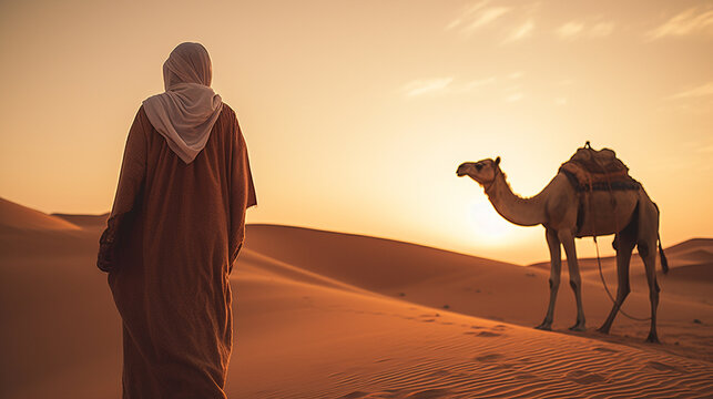 Middle Eastern man and camel walking on sand dunes in the desert