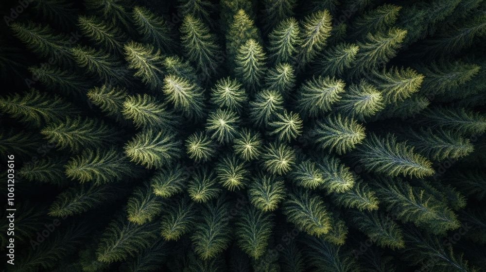 Poster aerial view of lush, green coniferous trees forming a circular pattern.