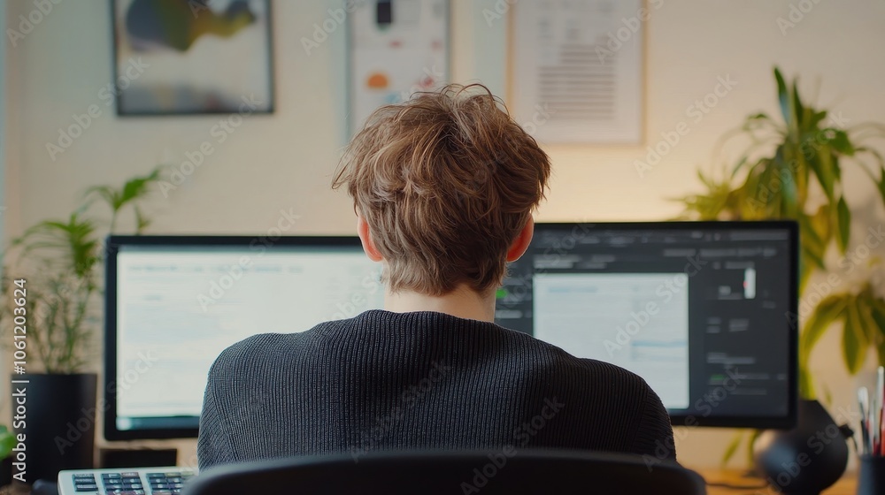 Aufkleber focused developer working on computer in home office