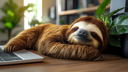 Naklejka premium Sleeping Sloth on a Desk with Laptop - Realistic Image