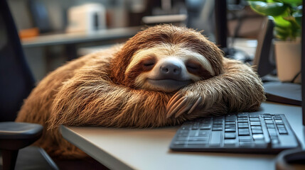 Naklejka premium Sleeping Sloth on Keyboard - Realistic Image