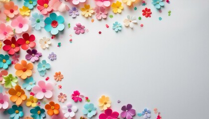 Colorful paper flowers arranged on a white background creating a festive and cheerful border.