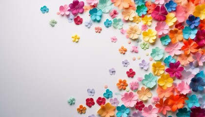 Colorful paper flowers arranged in a diagonal line on a white background.