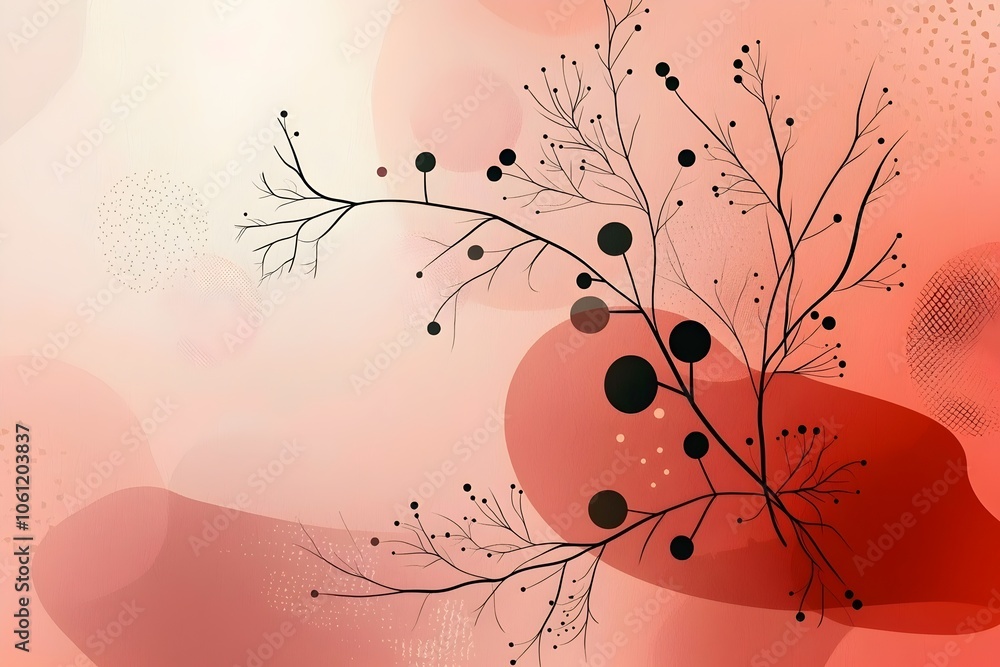 Poster An abstract design featuring delicate black branches and circles against a soft gradient of warm pink and coral hues, creating a tranquil and artistic atmosphere.