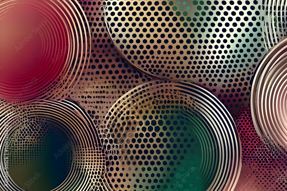 Poster abstract illustration featuring vibrant circular patterns in various sizes, intricate dot designs, a