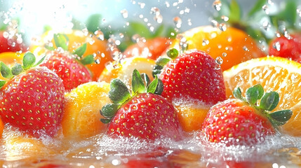 Fresh Strawberries and Oranges with Water Drops - Realistic Image