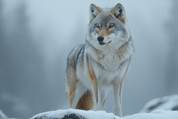 Obraz premium A majestic gray wolf stands alert with a focused gaze against a plain white background, perfect for wildlife conservation campaigns or nature-themed projects.