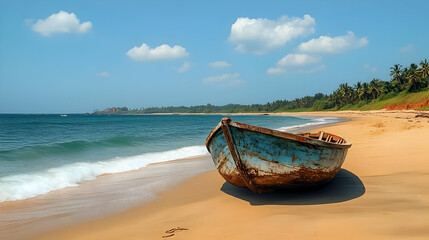Fototapeta premium Beach with Blue Boat and Palm Trees - Photo