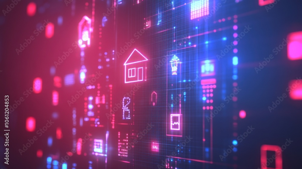 Poster a digital interface displaying icons related to home and technology in vibrant colors.