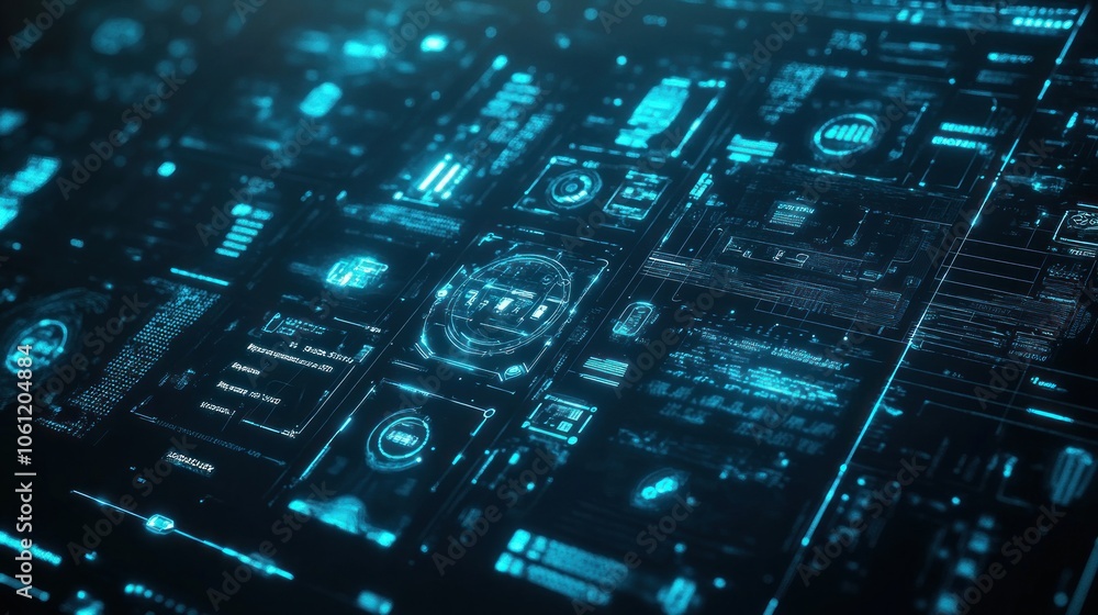 Poster futuristic digital interface with glowing blue elements and data patterns.