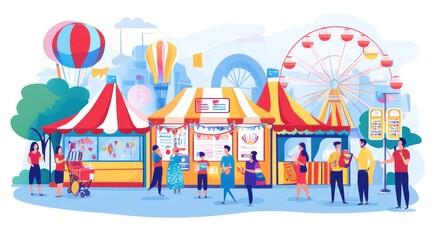 A vibrant fair scene with colorful tents, a ferris wheel, and people enjoying various activities.