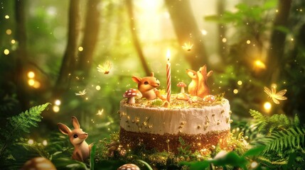 A whimsical forest scene featuring a cake with candles and playful animals celebrating.