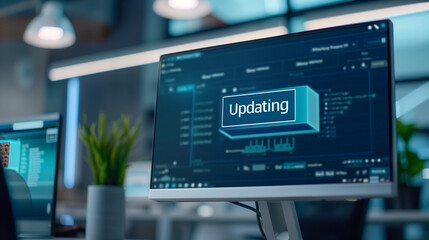 Close-up of computer screen showing software update progress bar with "Updating" text, keyboard and mouse visible in blurred background, modern technology and digital transformation concept.