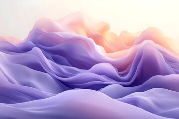 Obraz premium An abstract landscape featuring flowing waves in hues of purple, pink, and soft orange, creating a serene and dreamlike atmosphere with a gentle light illuminating the scene.
