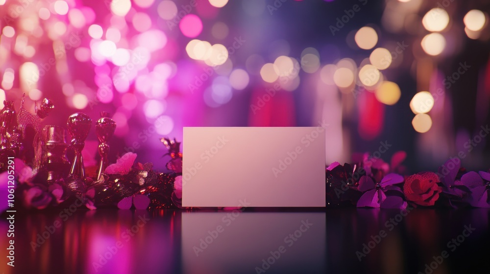 Poster a blank card on a table surrounded by colorful lights and decorative elements.