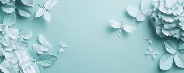 A serene arrangement of light blue flowers and butterflies on a soft background.