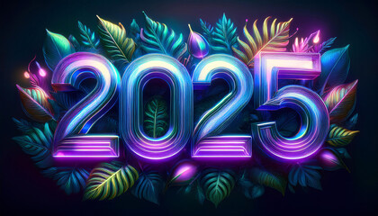 Chrome &ldquo;2025&rdquo; with neon reflections, floating leaves in cyber jungle setting