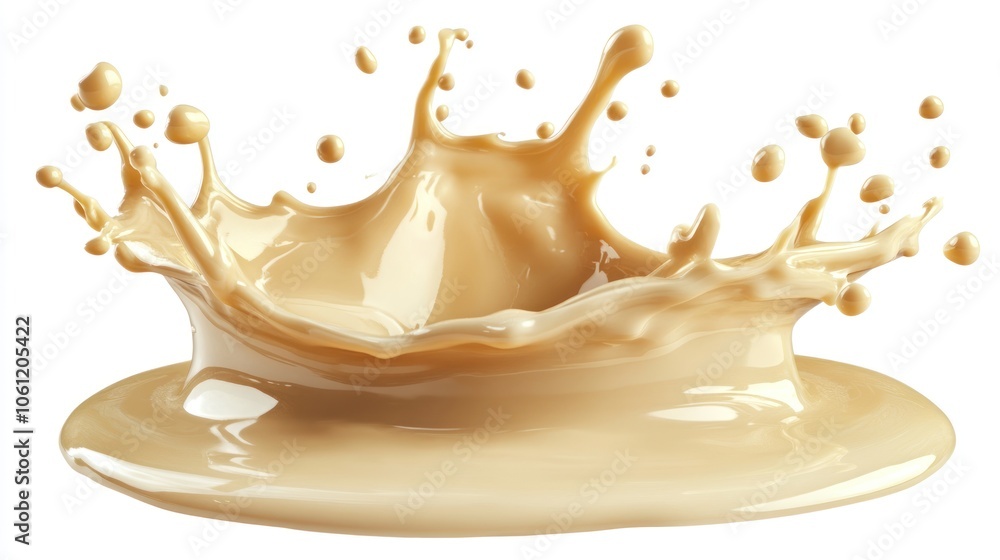 Poster a splash of creamy liquid creating dynamic droplets and ripples.