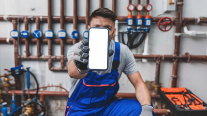 A man in blue overalls holding a cell phone with a white screen. He is in a workshop or a repair shop