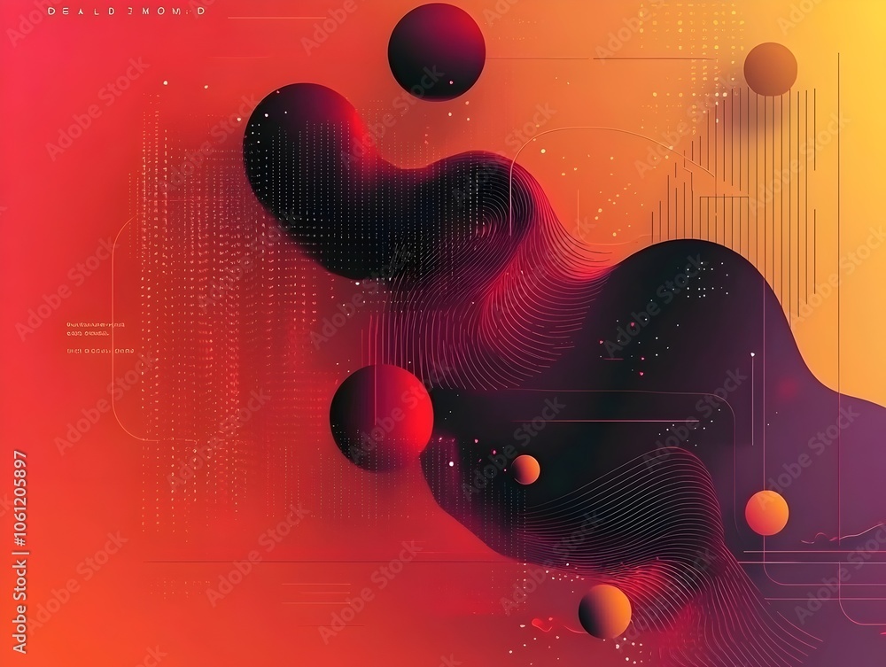 Poster an abstract composition featuring vibrant gradients of orange, red, and black with spherical shapes 