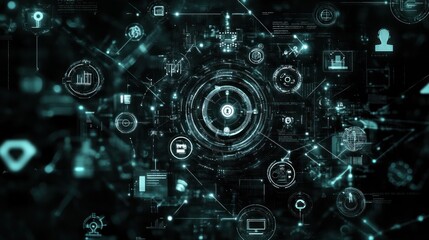 Obraz premium Abstract digital interface with interconnected data and technology symbols.