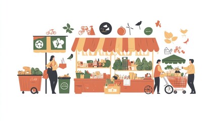 A vibrant market scene showcasing fresh produce and eco-friendly practices.