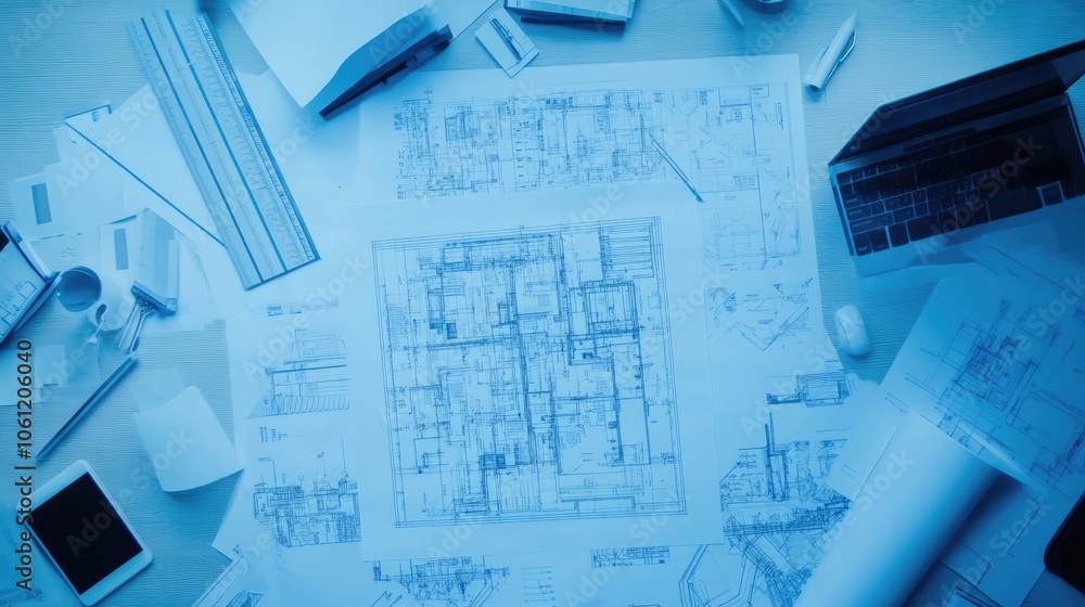 Poster architectural blueprint with tools and sketches on desk