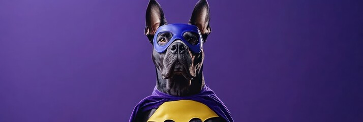 A dog dressed as a superhero with a mask and cape against a purple background.