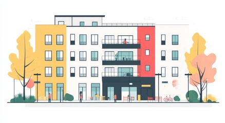 Modern multi-story building with balconies and outdoor seating, surrounded by trees and people.