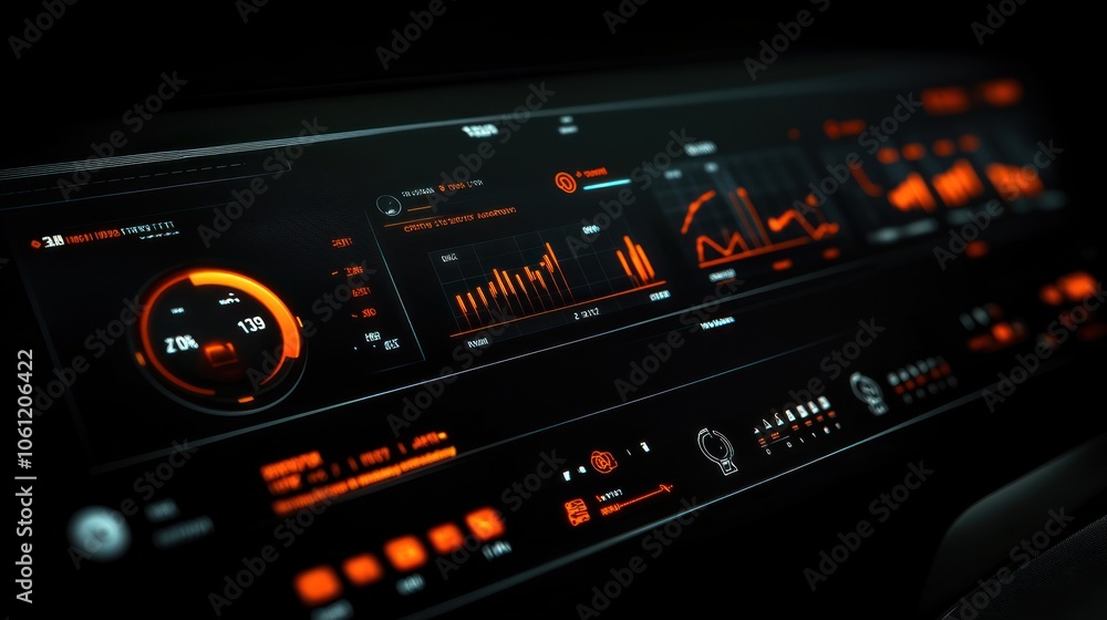 Aufkleber a futuristic control panel displaying data and analytics in vibrant orange and black tones.