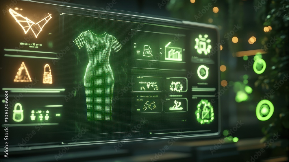 Aufkleber a futuristic display showcasing a digital dress design with various interactive features.