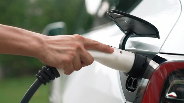 Hand recharge EV charger plug holder connect to electric car, recharging EV car battery with alternative and sustainable energy with zero CO2 emission for clean environment. Fastidious