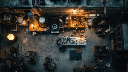 Workshop with Tools and Equipment in Dim Light