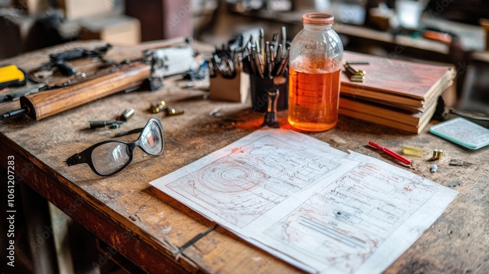 Poster creative workspace with tools and design sketches