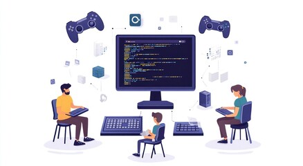 Illustration of people engaging in programming and gaming around a computer setup.