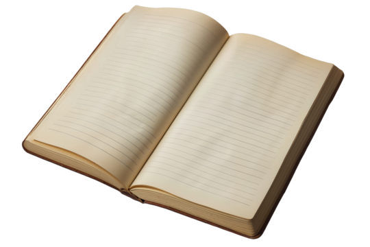 An open blank lined notebook with clean, empty pages displayed on a transparent background