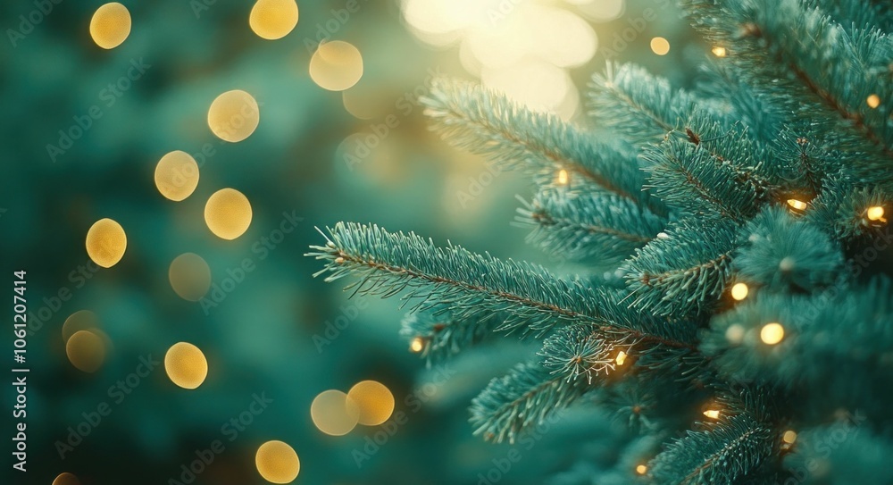 Poster christmas tree branches with twinkling lights, a festive backdrop with soft golden bokeh perfect for
