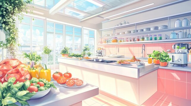A bright, modern kitchen filled with fresh vegetables and plants, ideal for cooking.