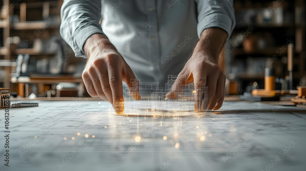 Poster digital architecture design: hands touching wireframe model