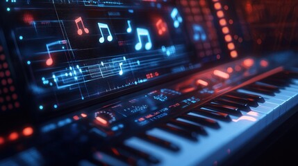 Obraz premium A digital keyboard with floating musical notes, representing music creation and technology.